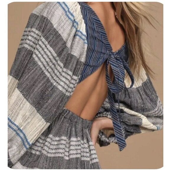 Free People Dress NWT $148 All Lined Up Stripe Blue Gray Tiered Ruffle Hem Sz S - Picture 10 of 13